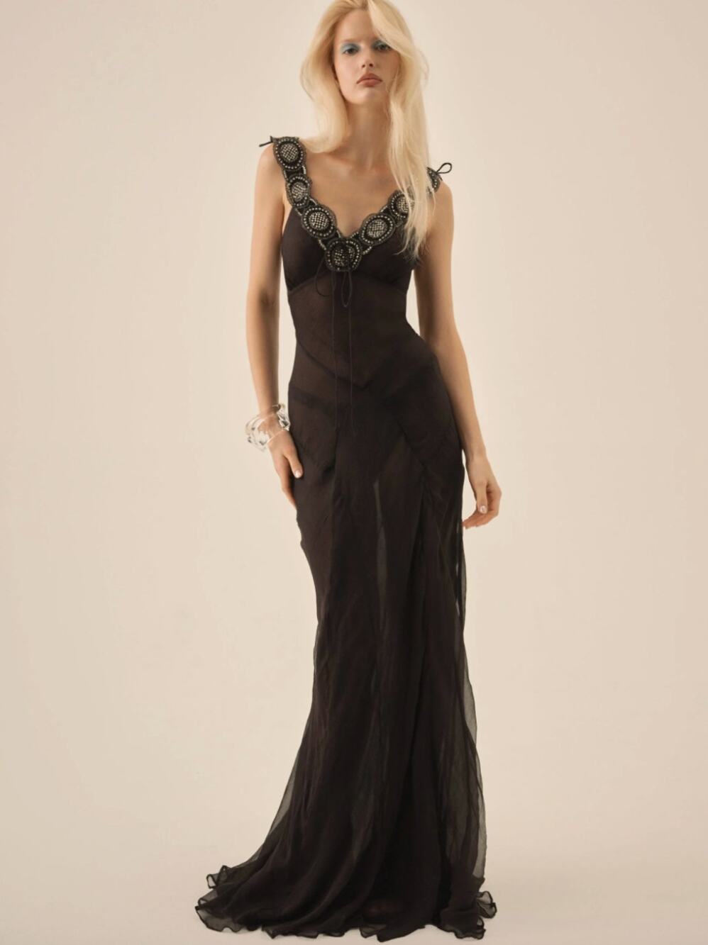 NWT For Love & Lemons Willa 100% Silk Gown Black Beaded Maxi Dress Size S